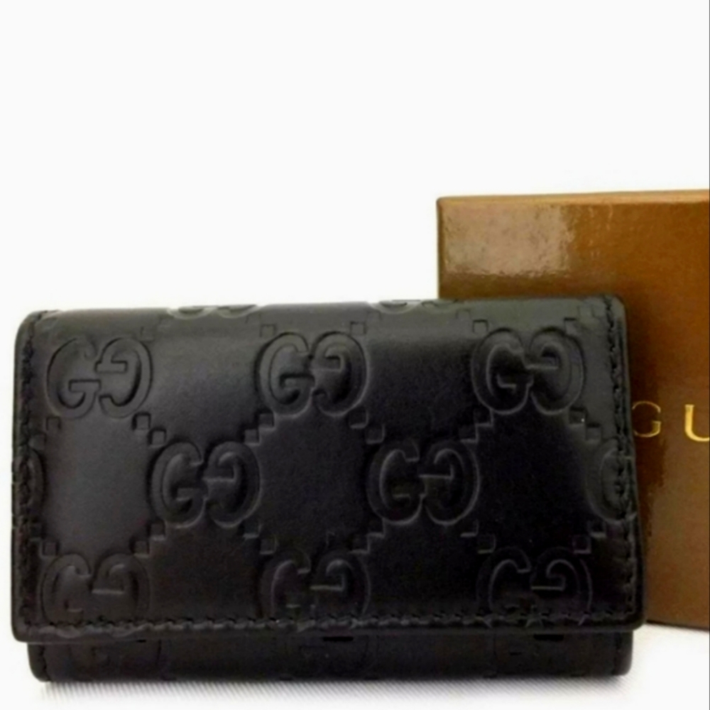 AUTHENTIC UNUSED GUCCI SHIMA GG LOGO BLACK LEATHER KEY CASE/614443